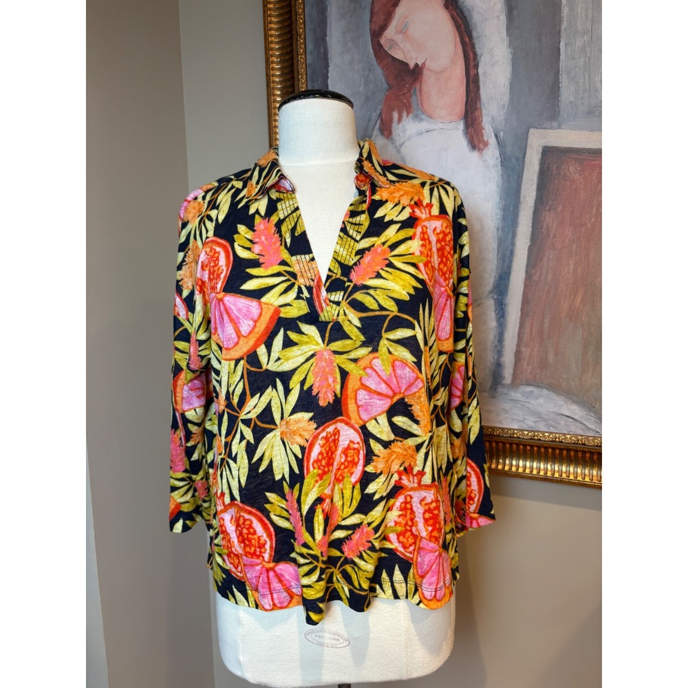 NWT C&C California Linen Tropical Pomegranate Print V-Neck Top Navy Orange Large